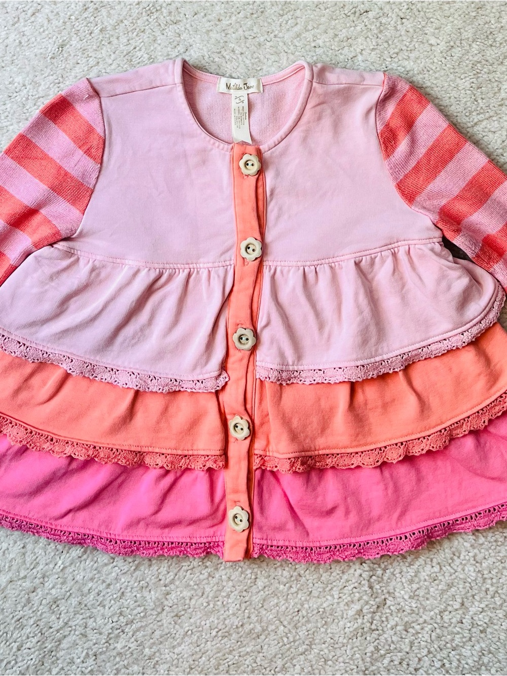 Matilda Jane pink, coral, orange, tiered lace striped cardigan sweater